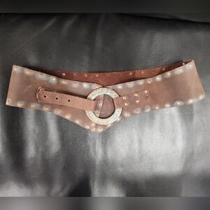 LEATHEROCK LEATHER ROCK HAMMERED BELT WIDE USA MADE Size 34 Brown